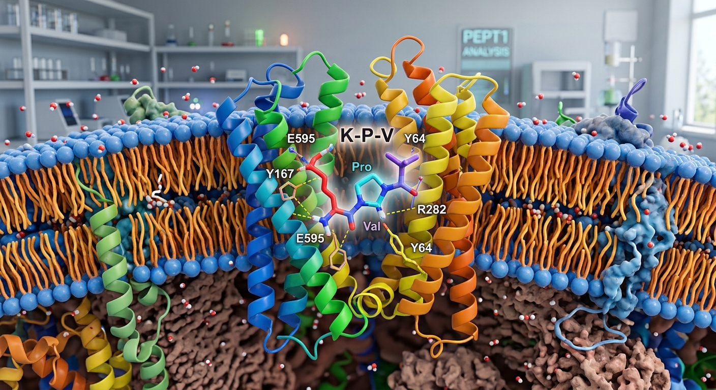 3D visualization of the KPV tripeptide interacting with the PepT1 transporter on an epithelial cell membrane.