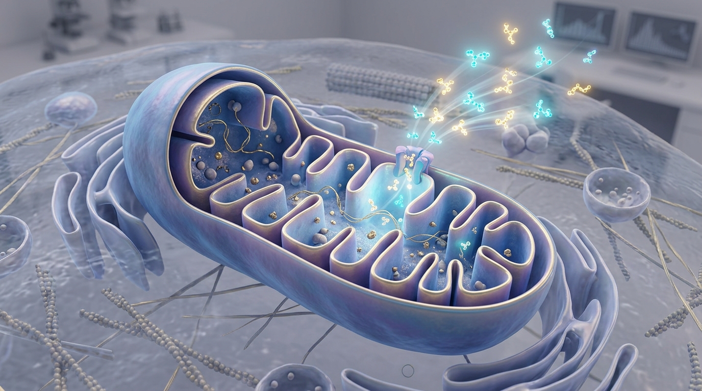 Scientific 3D visualization of a mitochondrion generating retrograde peptide signals into the cell cytoplasm.