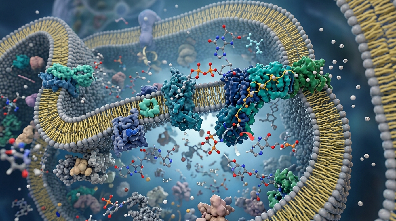 3D scientific rendering of NAD+ coenzymes interacting with mitochondrial membranes in a cellular environment.
