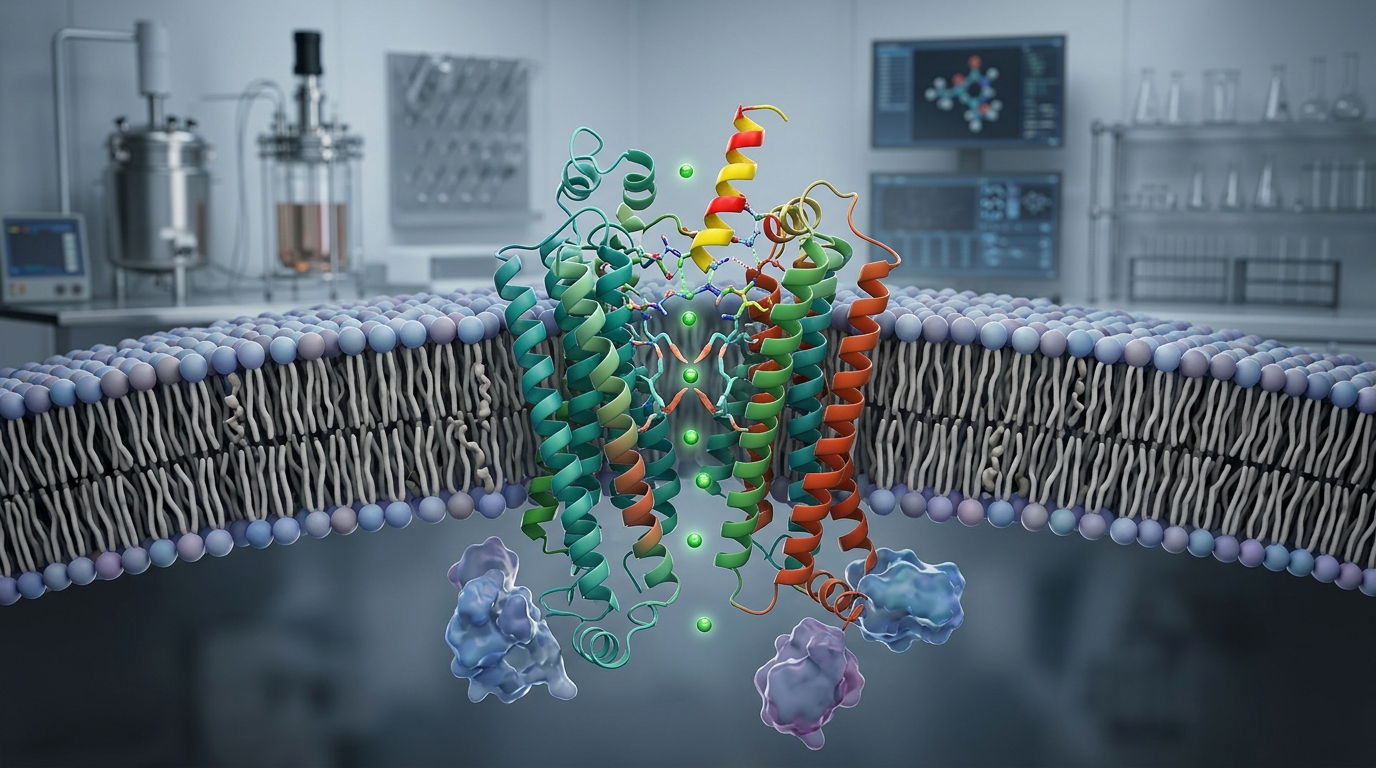 3D visualization of a TREK-1 potassium channel embedded in a lipid bilayer with peptide interaction at the pore.