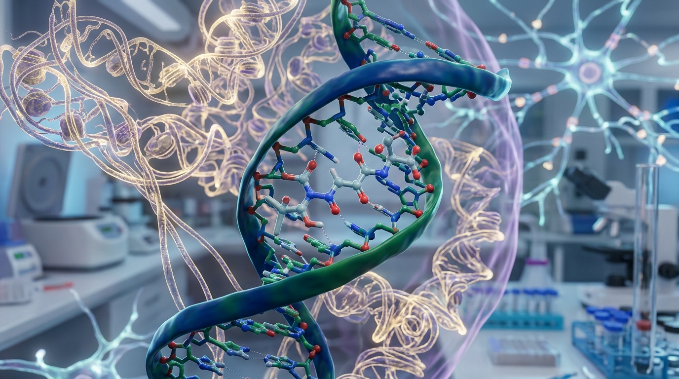 Illustration of a short regulatory peptide interacting with DNA strands inside a neural cell nucleus.