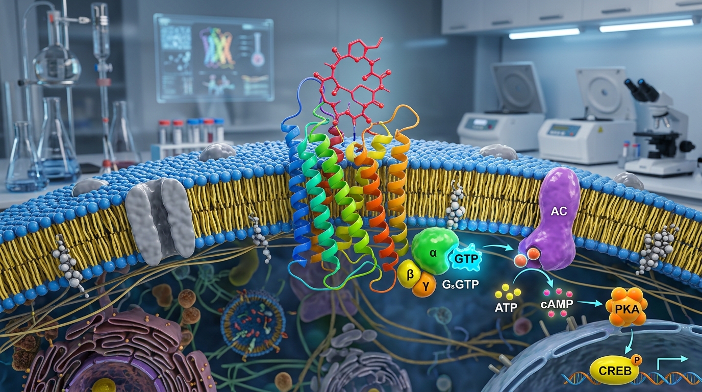 3D visualization of the melanocortin 4 receptor protein embedded in a cell membrane binding a cyclic peptide ligand.