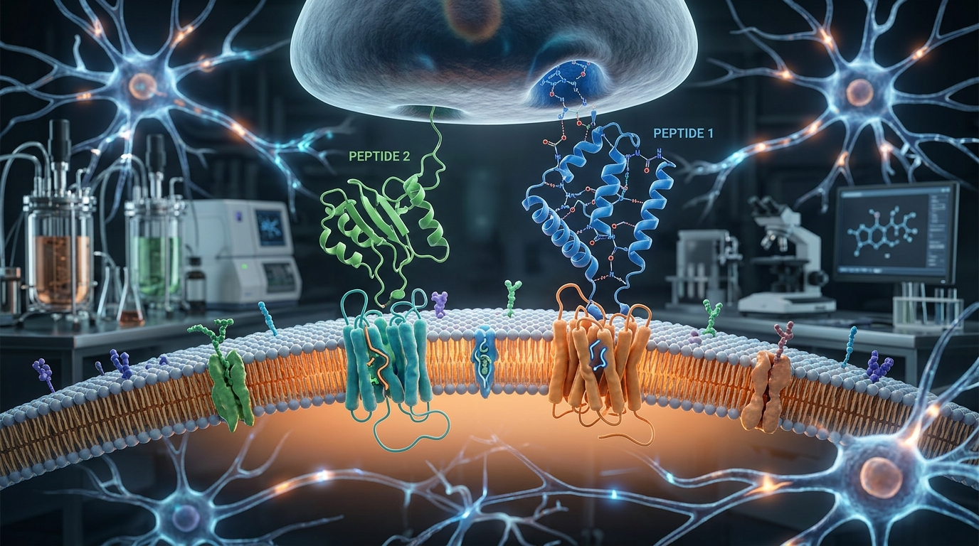 3D scientific rendering of synthetic peptide structures near neuronal receptors in a synaptic junction.