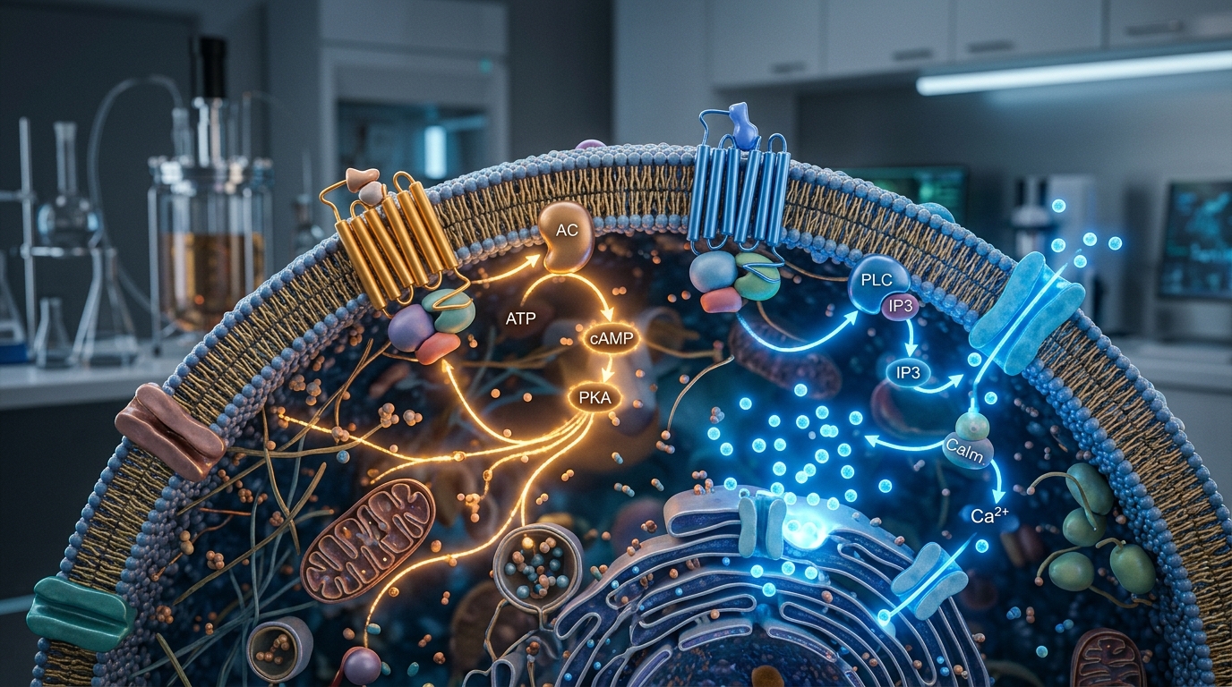 3D visualization of somatotroph cell membrane receptors comparing GHRH and ghrelin signaling cascades.