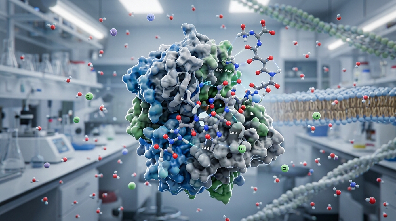 3D visualization of synthetic peptide fragment interacting with globular actin protein monomers.