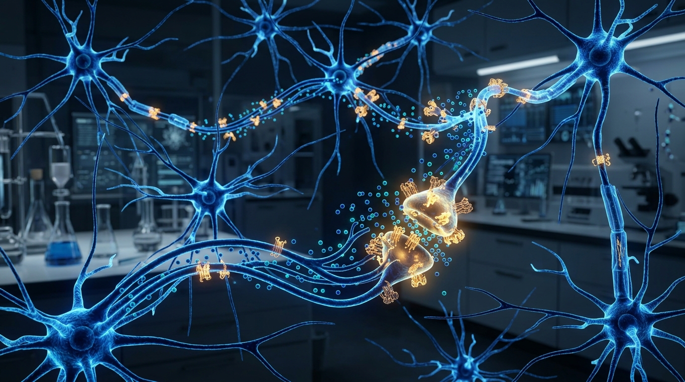 3D scientific rendering of synaptic neural networks and peptide receptor interactions in the cerebral cortex.