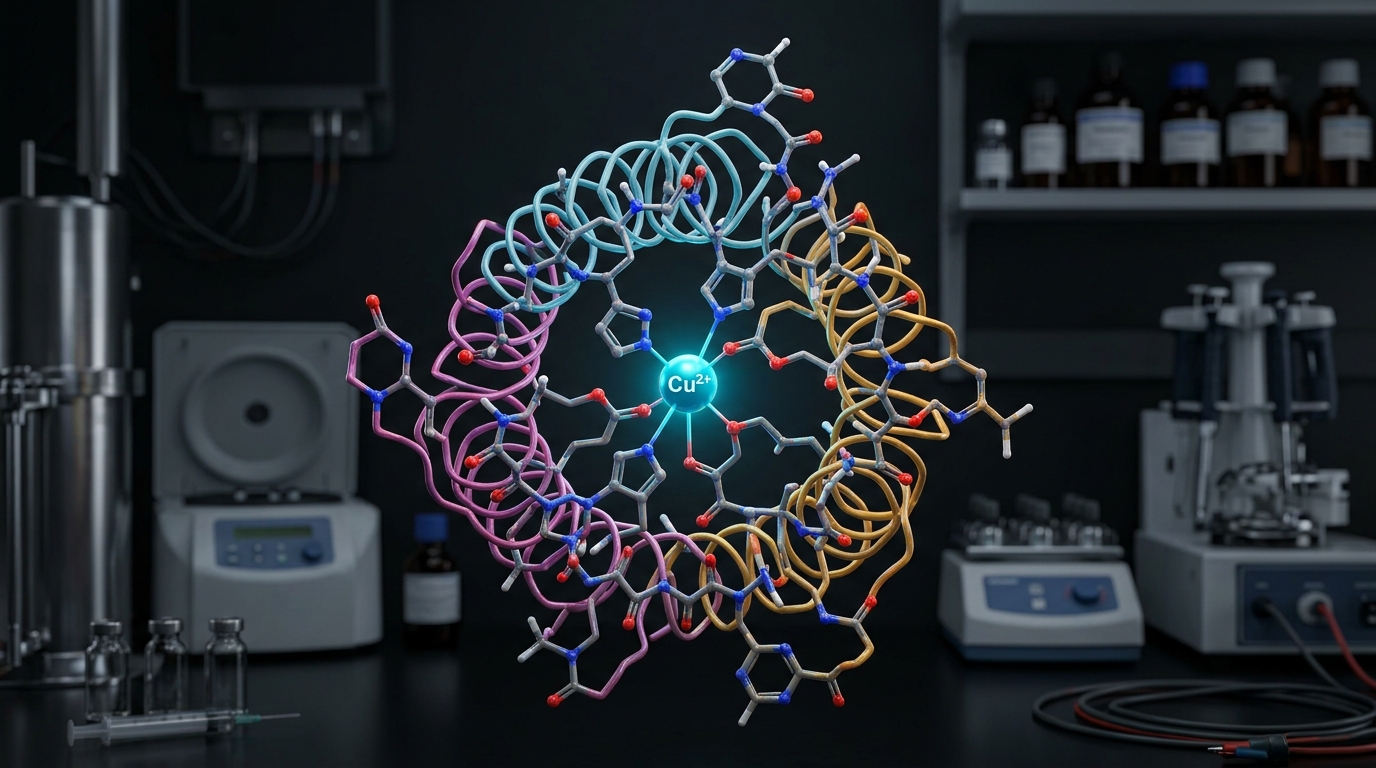 Molecular visualization of three peptide chains and a coordinated copper ion representing the GLOW peptide stack.