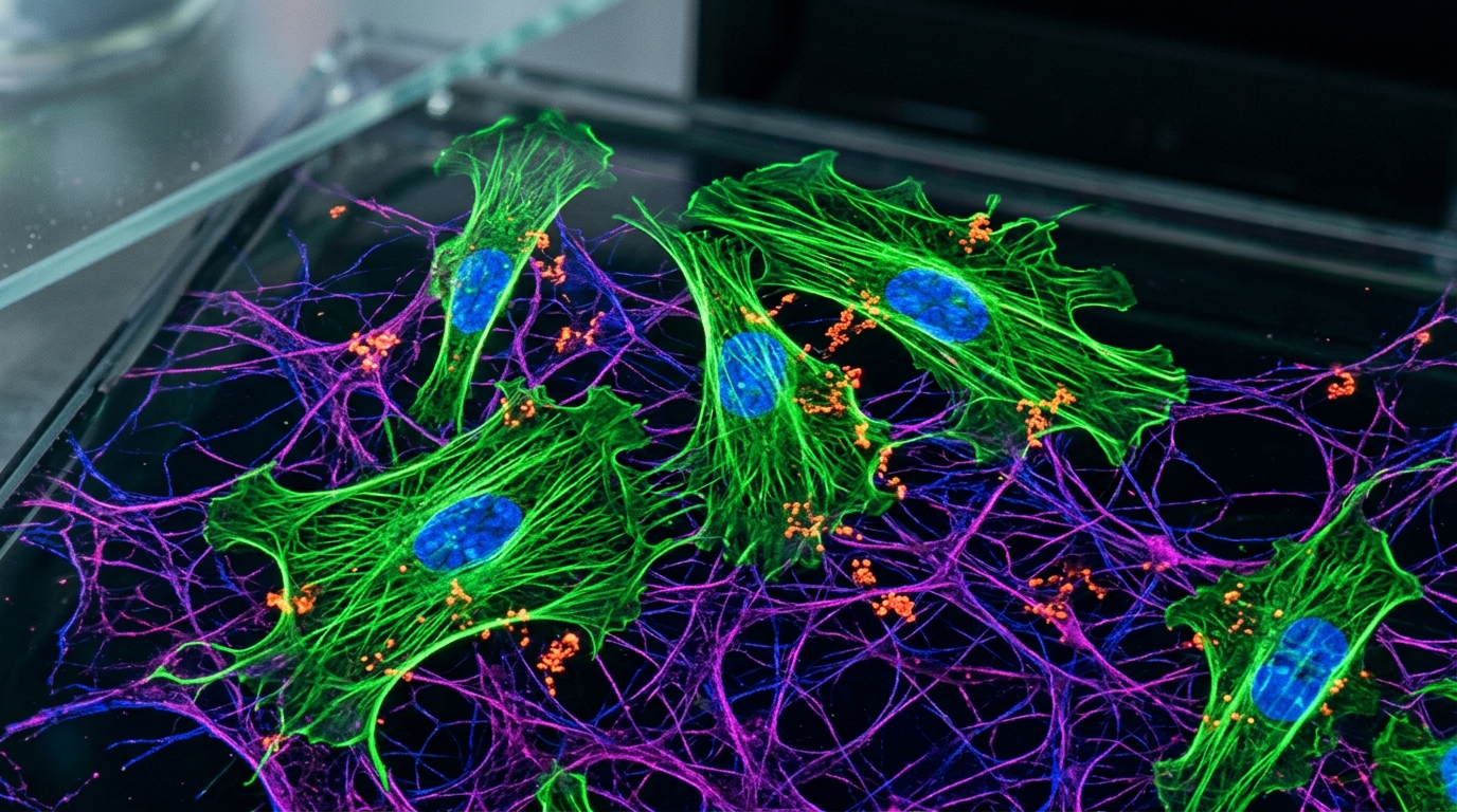 Microscopic view of cultured fibroblasts and glowing peptide signaling networks illustrating cellular repair pathways.