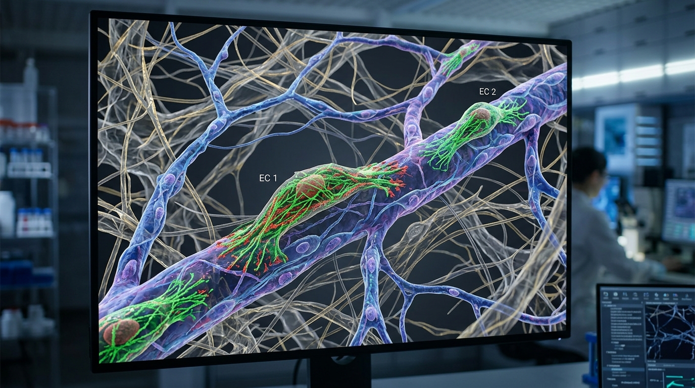 Microscopic molecular rendering of actin filament remodeling and endothelial cell migration along microvessels.